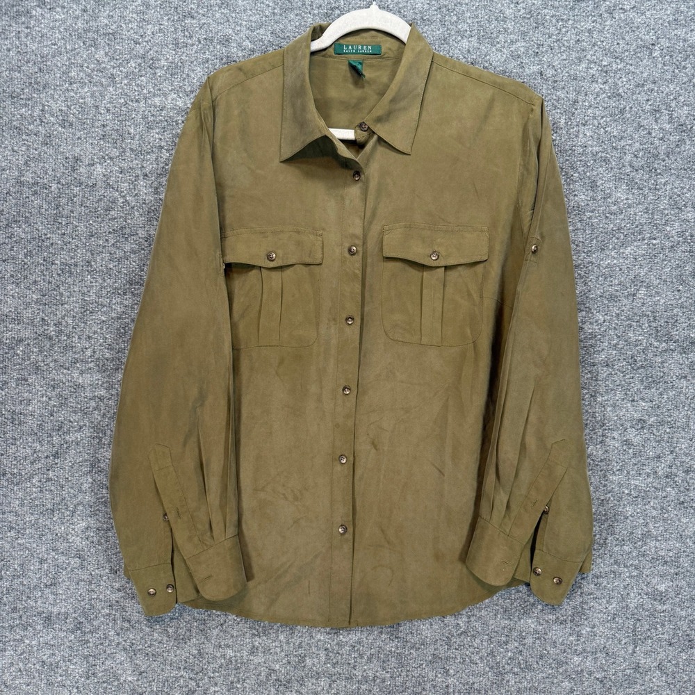 Lauren Ralph Lauren Button Up Shirt Womens 1X‎ Green Silk Utility Plus Size